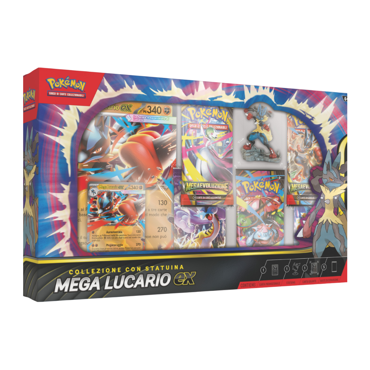 Box Collezione Statuina Mega Lucario-EX (IT) con statuina da collezione di Mega Lucario, carta promo olografica e buste d'espansione Pokémon