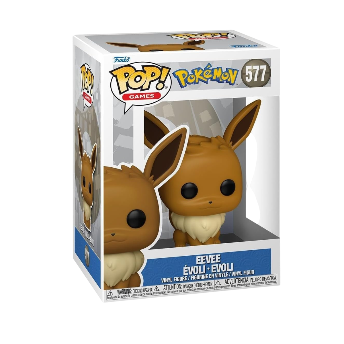 Funko Pop! Pokémon Eevee (numero 577) nella sua scatola.