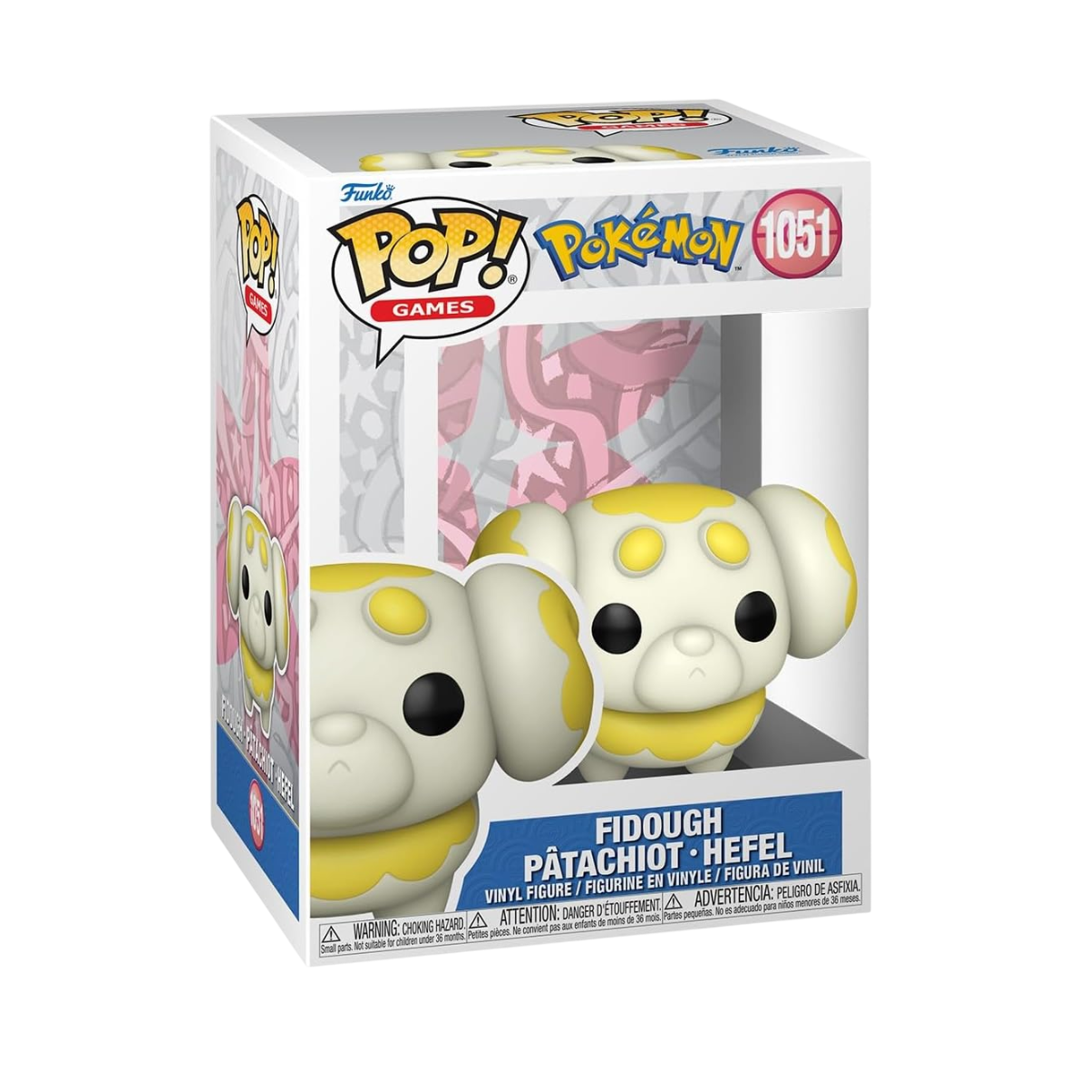 Funko Pop! Pokémon Fidough (numero 1051) nella sua scatola. Figura in vinile del Pokémon di tipo Fata.
