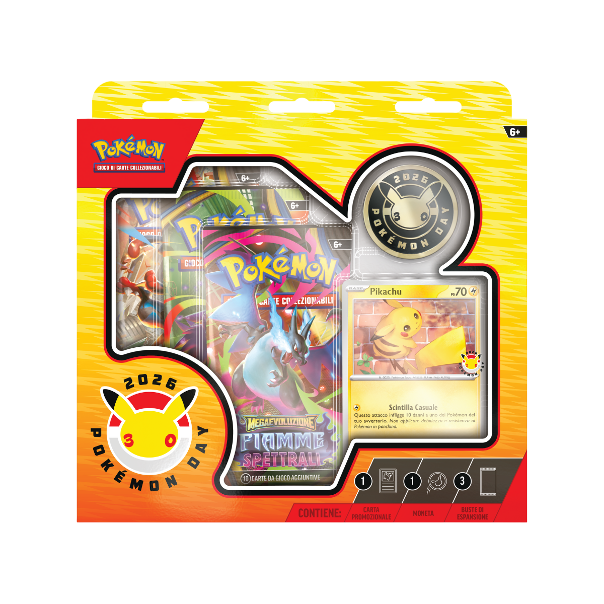 Collezione Pokémon Day 2026 IT con carta promozionale Pikachu, moneta esclusiva e buste GCC Pokémon